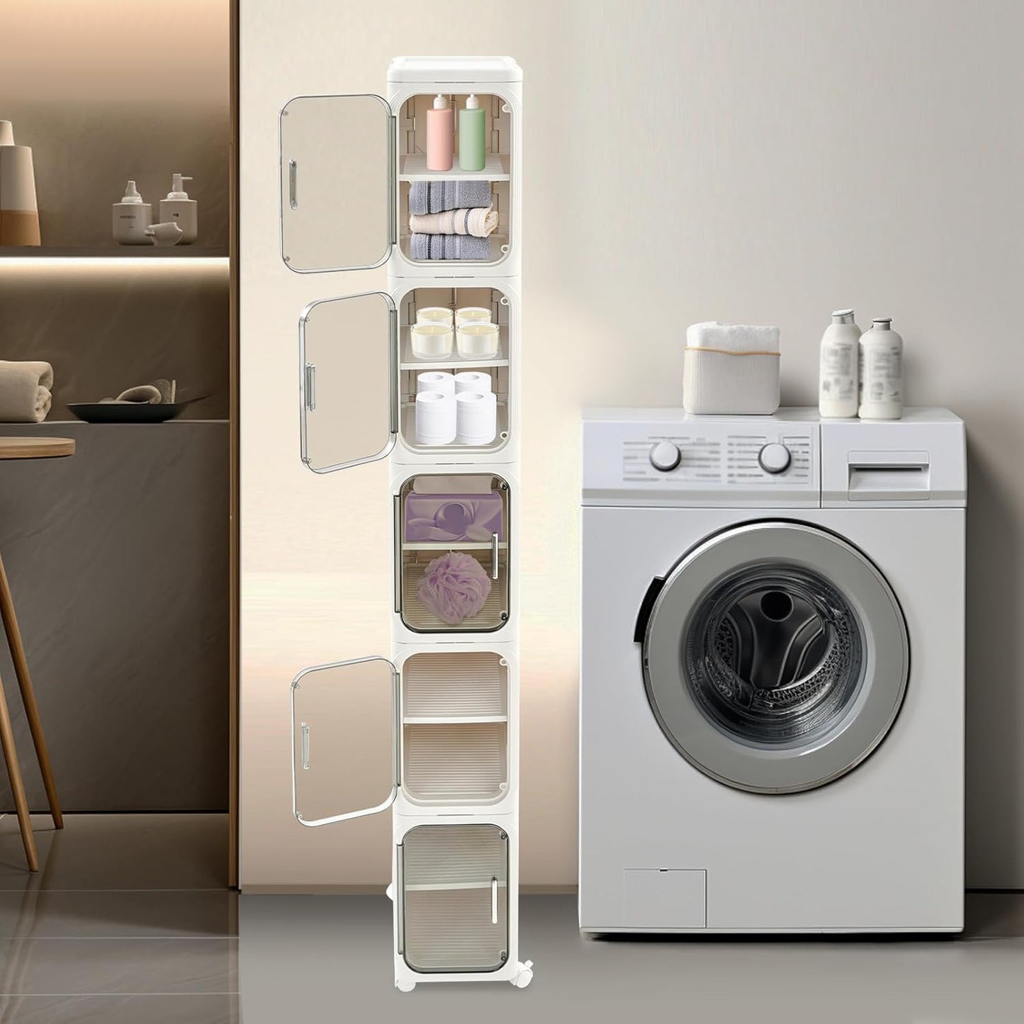 5-Tier Bathroom Storage Cabinet, Narrow Tall Cabinet with 4 Wheels (2 Locking), 15Kg/33Lbs Load Capacity, Slim Organizer for Small Space in Bathroom, Kitchen, Laundry Room (White)​