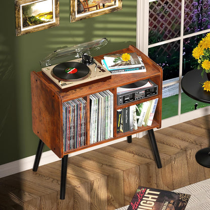 Record Player Table, Mid-Century Record Player Stand with Vinyl Storage Hold up to 150+ Albums, Vinyl Record Cabinet with Adjustable Shelves, Wood Turntable Stand for Music Living Room (Brown)