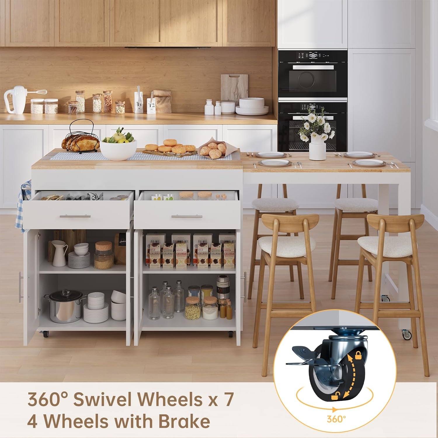 78" Rolling Kitchen Island with Extendable Table, Mobile Kitchen Islands with Storage for 2-4， 3 in 1 Island Cart on Wheels for Small Space with 2 Drawers & 4 Door Cabinet, White