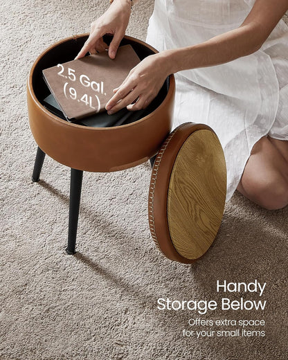EKHO Collection - Storage Ottoman, Vanity Chair Stool, Synthetic Leather with Stitching, Mid-Century Modern, round Storage Seat with Steel Legs, Loads 330 Lb, Caramel Brown ULOM005K01
