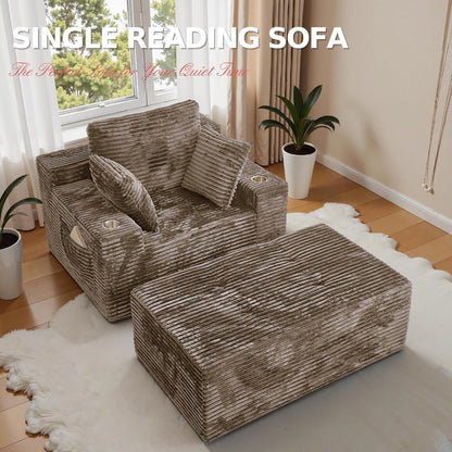 67 Chaise Lounge Chair Indoor,Oversized Boneless Single Sleeeper Couch Bed,Corduroy Cloud Sofa with 3 Soft Pillows for Livingroom,Bedroom,No Assembly,(Khaki)