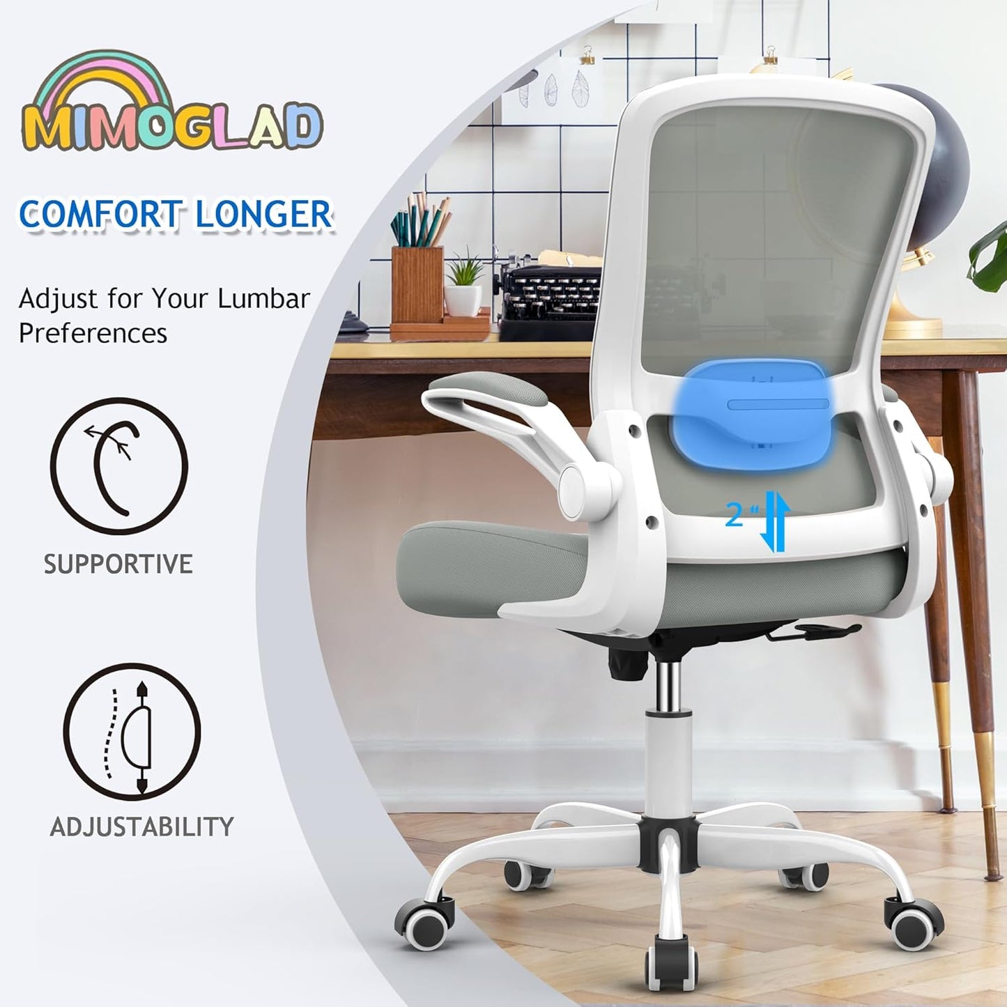 Ergonomic High Back Mesh Office Chair, Adjustable Lumbar Support, Thickened Seat Cushion (Modern, Moon Gray)