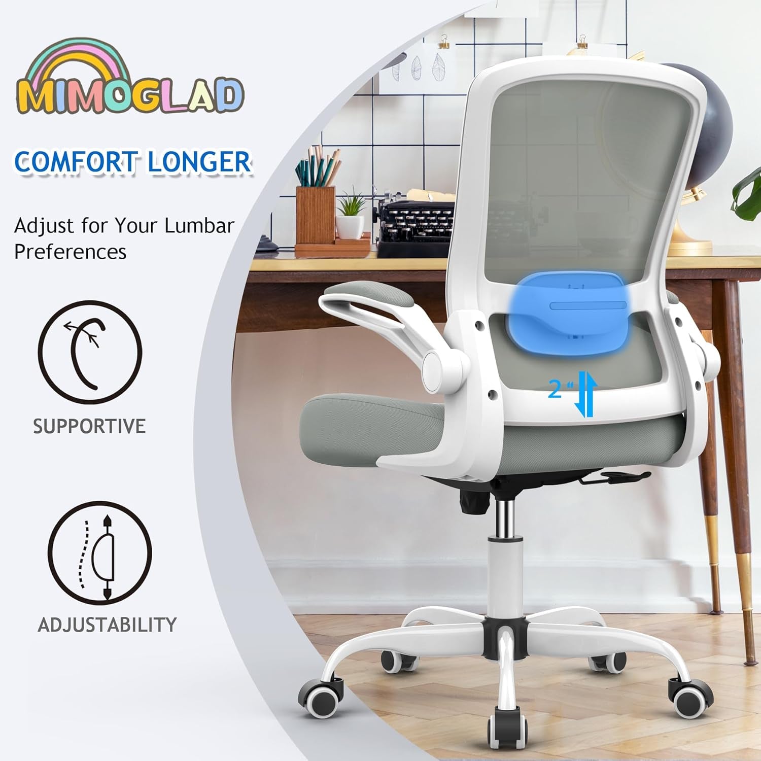 Ergonomic High Back Mesh Office Chair, Adjustable Lumbar Support, Thickened Seat Cushion (Modern, Moon Gray)