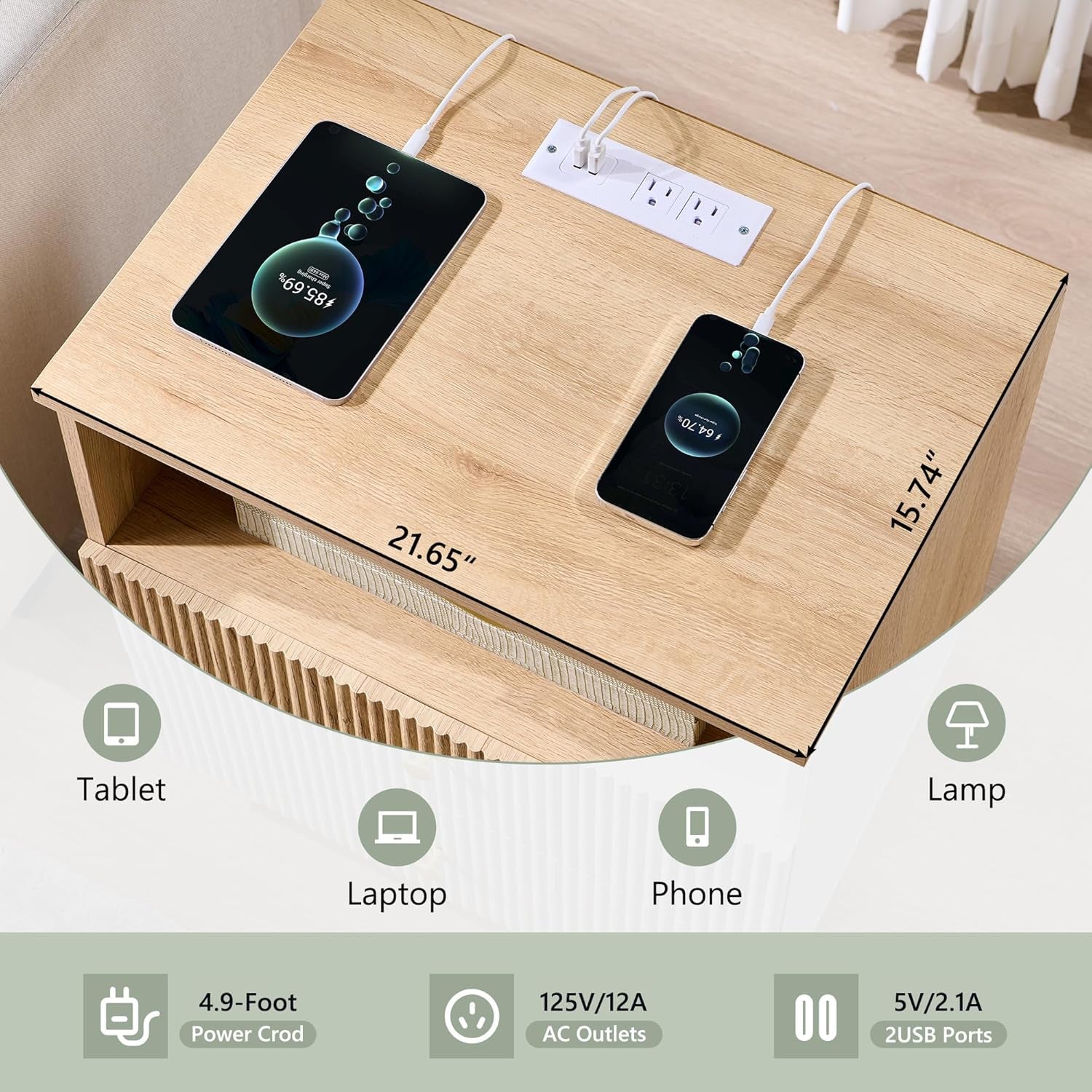 Fluted Night Stand with Charging Station, 21.65" Nightstand with Drawer/Open Shelves, 2 Drawer Dresser for Bedroom, Morden End Table Bedside Table for Bedroom, Living Room, Natural