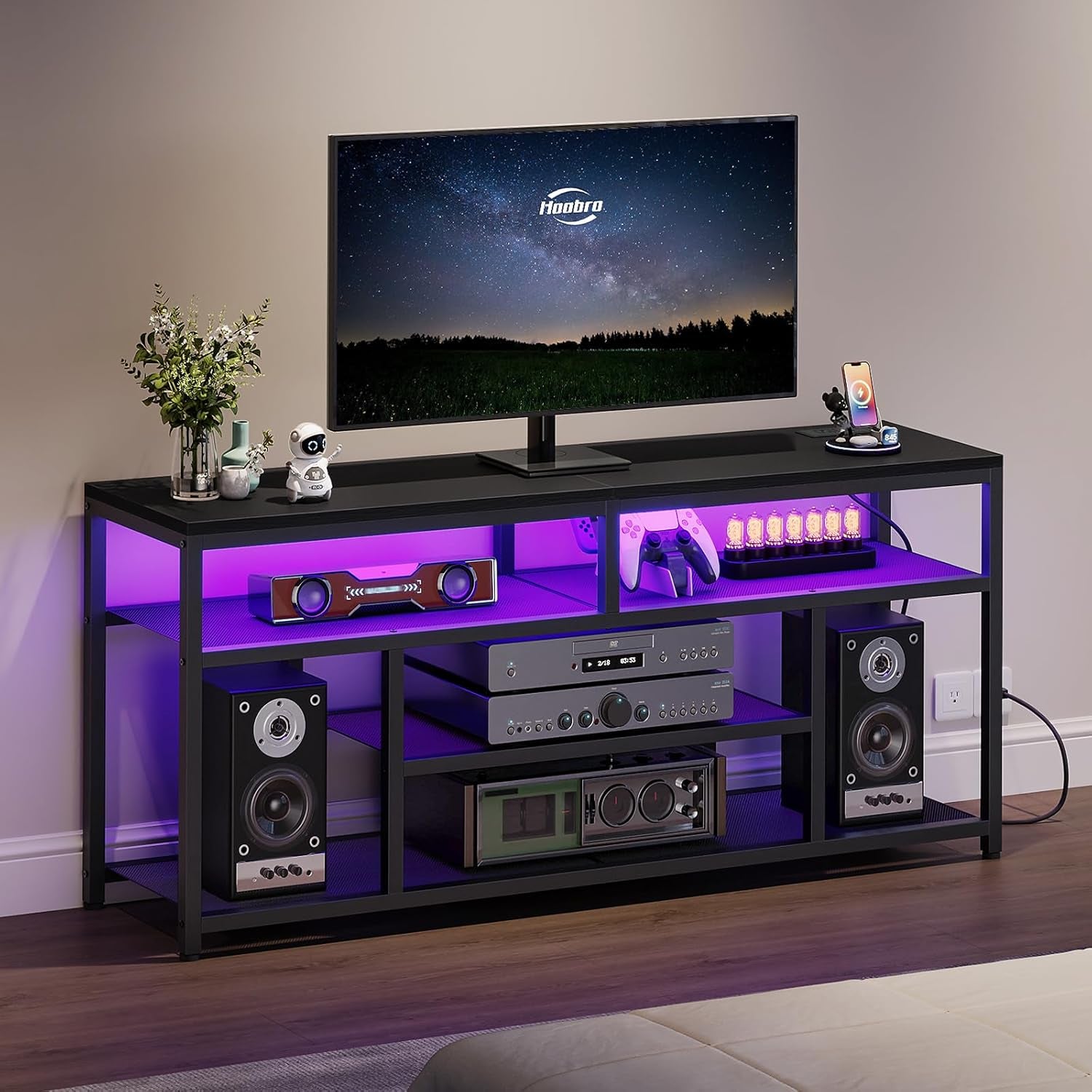 LED TV Stand with Charging Station, 4-Tier Entertainment Gaming Center, Modern Media Console Table, Open Shelves, 55.1"L X 13.8"W X 26.2"H, for Tvs up to 65", for Living Room, Black BB47UDDS01