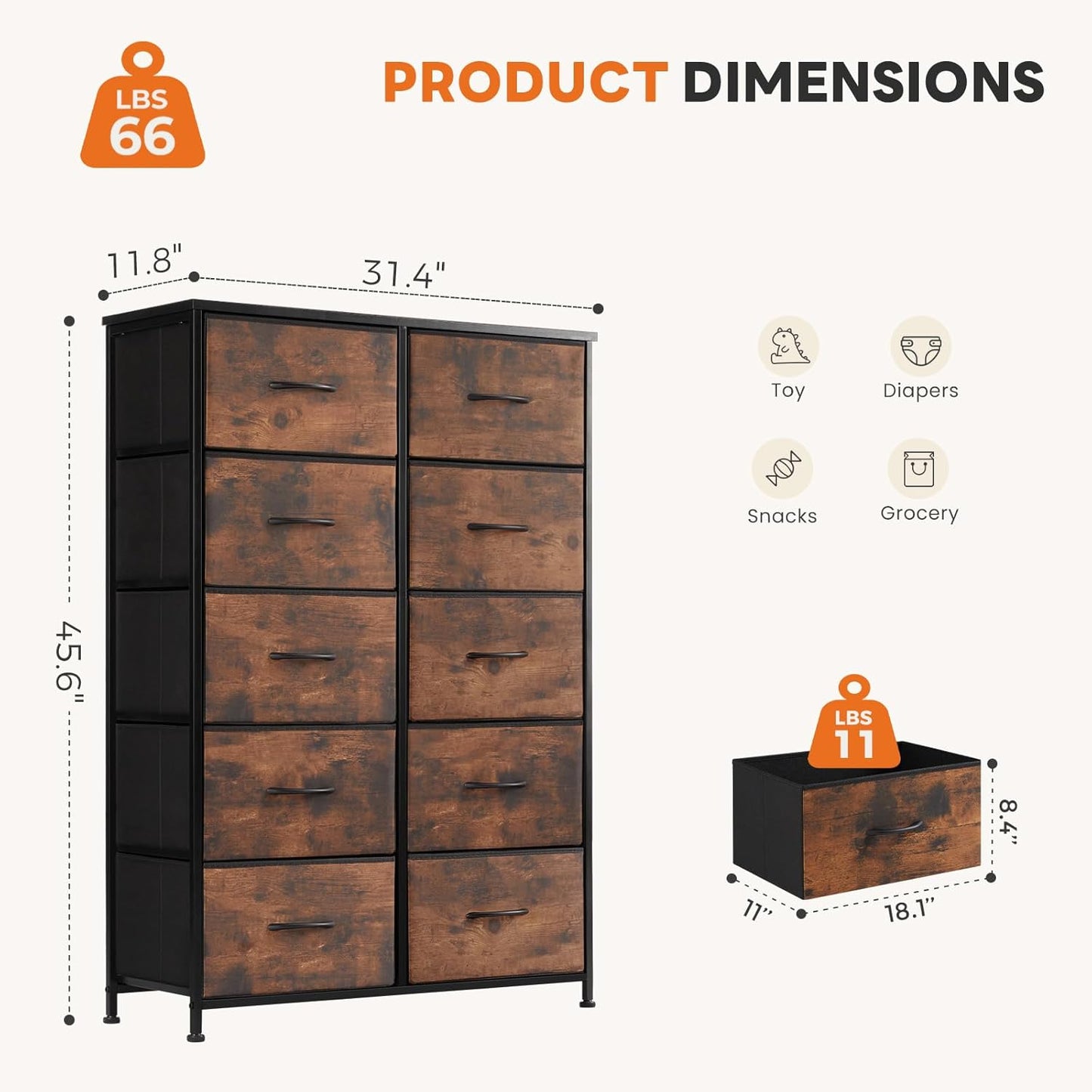 10 Drawer Fabric Dresser Storage Tower with Bins, Tall Chest Organizer for Bedroom Closet Hallway, Steel Frame Wood Top Easy Pull Handles,Black-Brown