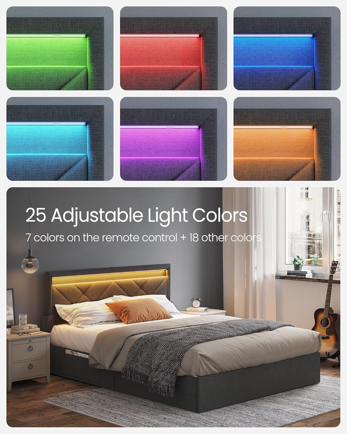Queen Bed Frame with 51.4 Inch Tall Storage Headboard, Bed Frame Queen Size with 4 Storage Drawers on Wheels, LED Lights, Charging Station, No Box Spring Needed, Modern, Dark Gray URMB891G02