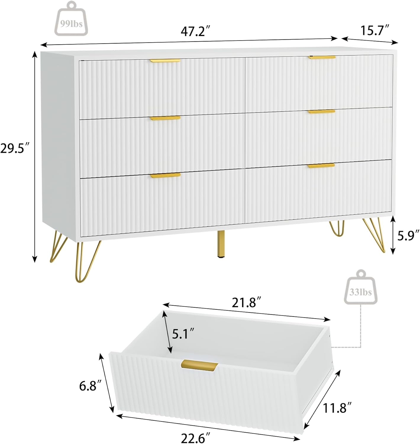 White 6 Drawer Dresser with Golden Handle, Fluted Wood Dressers, Modern Chest for Bedroom, Living Room, Hallway, Entryway