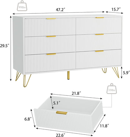 White 6 Drawer Dresser with Golden Handle, Fluted Wood Dressers, Modern Chest for Bedroom, Living Room, Hallway, Entryway