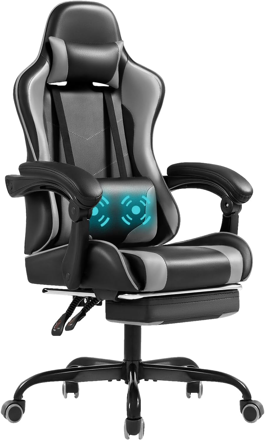 Gaming Chair with Footrest and Massage Lumbar Support, Video Racing Seat Height Adjustable with 360°Swivel and Headrest for Office or Bedroom, Grey