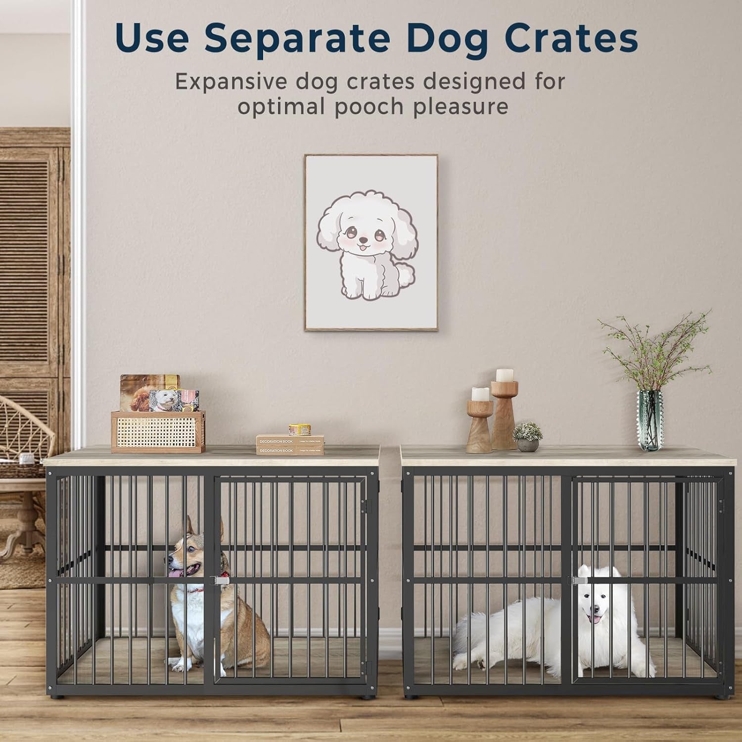 86.62''Dog Crate Furniture Large Breed TV Stand with Double Rooms,Wooden Dog Kennel Dog Crate End Table with Removable Divider for Large Medium Dogs, Can Use Separately, Brown