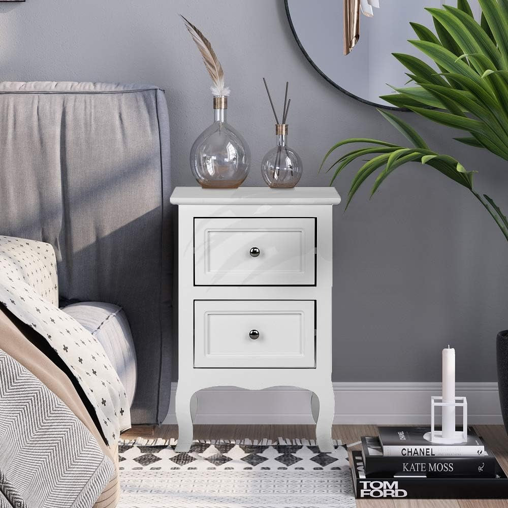 White Nightstand Set of 2, Nightstands with 2 Drawers, Bed Side Table/Night Stand, Small Nightstand for Bedroom, Small Spaces, College Dorm, Kids’ Room, Living Room, Wood, 16W X 12D X 24H