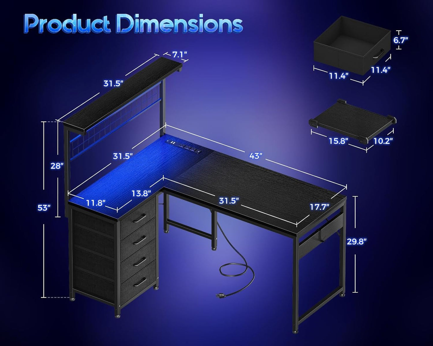 L Shaped Gaming Desk with Shelf & 4 Drawers, 43" Reversible Computer Desk with LED Light, Home Office Table with Hutch and Hook, Black