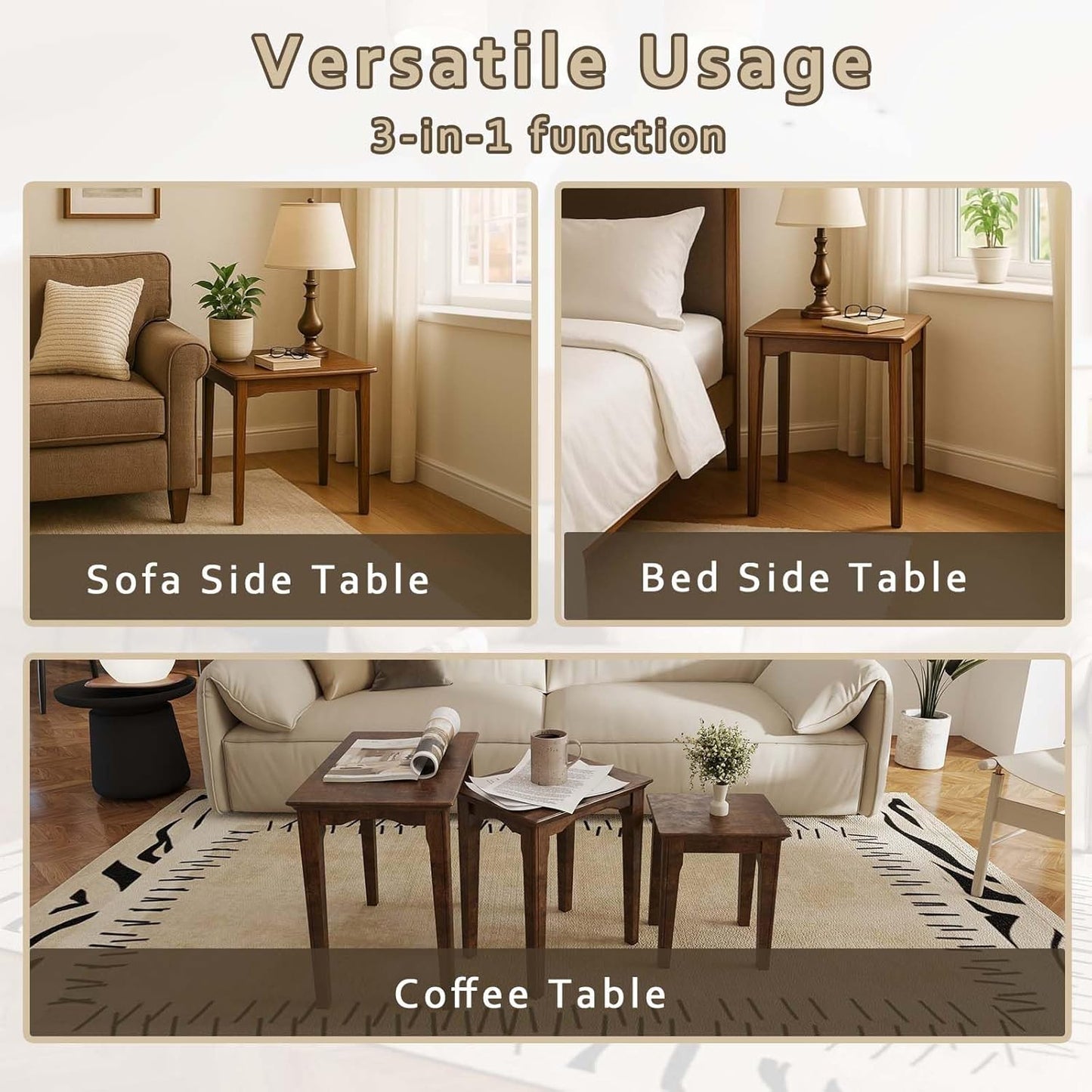 Nesting Tables Set of 3, Small Sofa Side Table Rustic Stacking End Table Rectangle Solid Wood Coffee Tables for Small Space - Walnut