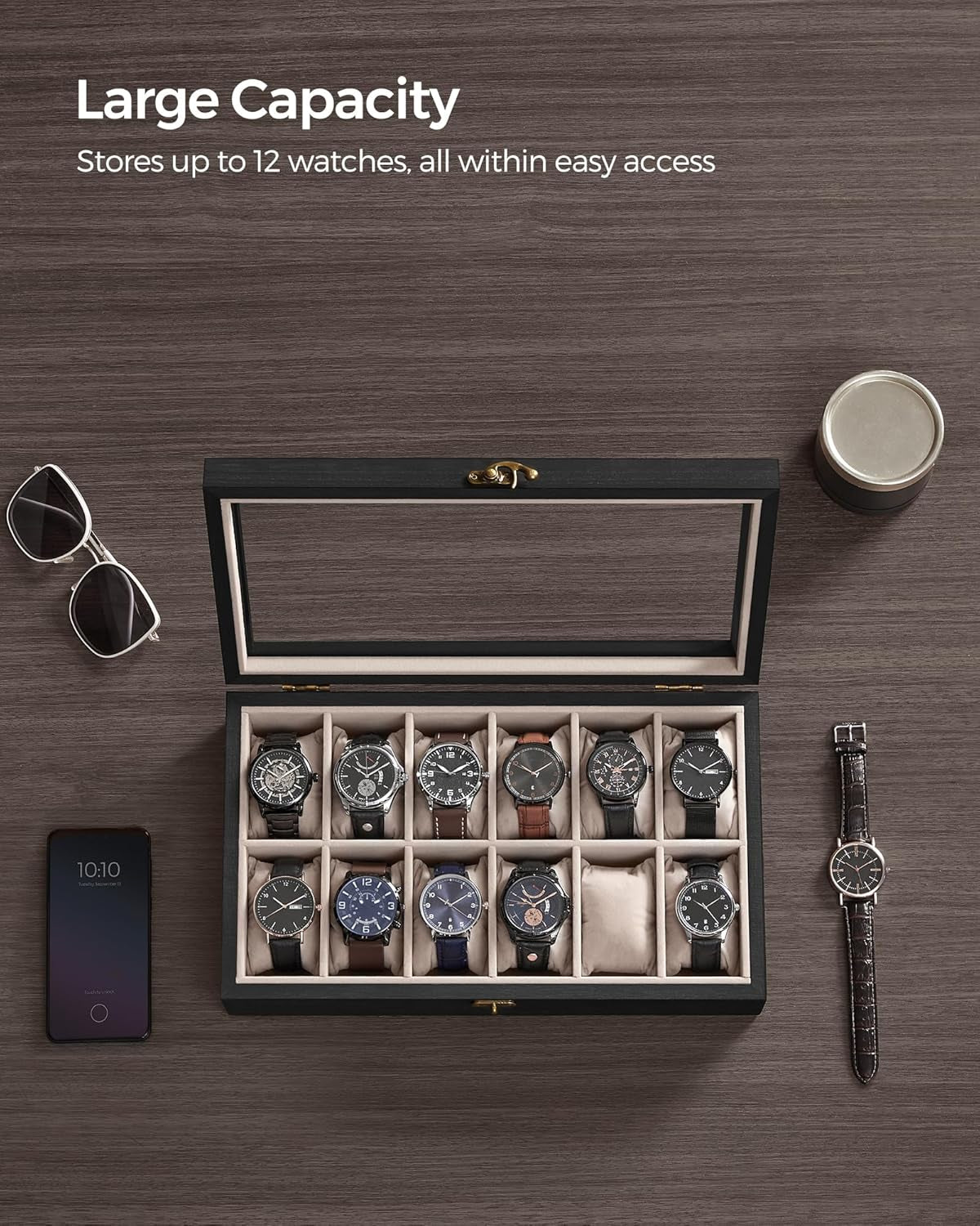 Watch Boxes Bundle, 12-Slot Watch Cases, Solid Wood Watch Box Organizers with Glass Lid, Removable Pillows, Gift for Loved Ones, Ebony Black and Rustic Walnut UJOW120B01 and UJOW120K01