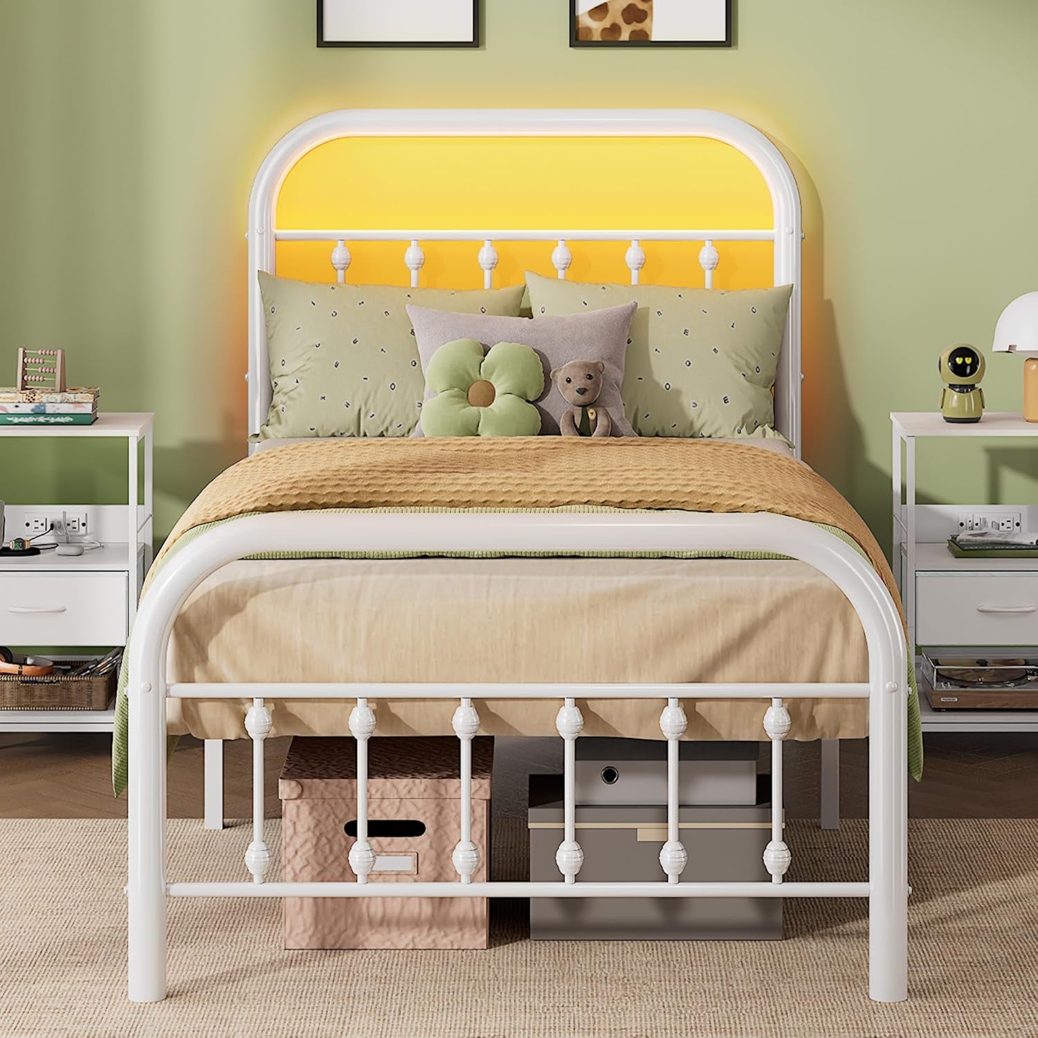 Twin Bed Frame, Twin Size Bed Frames with LED Lights and Charging Station, Metal Bed Frame with Headboard, No Box Spring Required,Easy Assembly,White