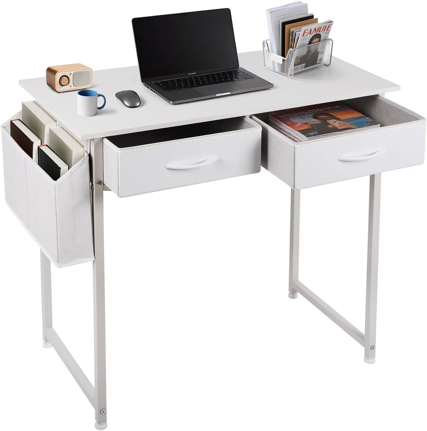 Small Computer Desk with Fabric Drawers for Small Space, 31.5 Inch Home Office Desk with Storage Bag & Metal Hanger, Sturdy Writing Desk for Students, Easy Assembly Modern Design Desk, White