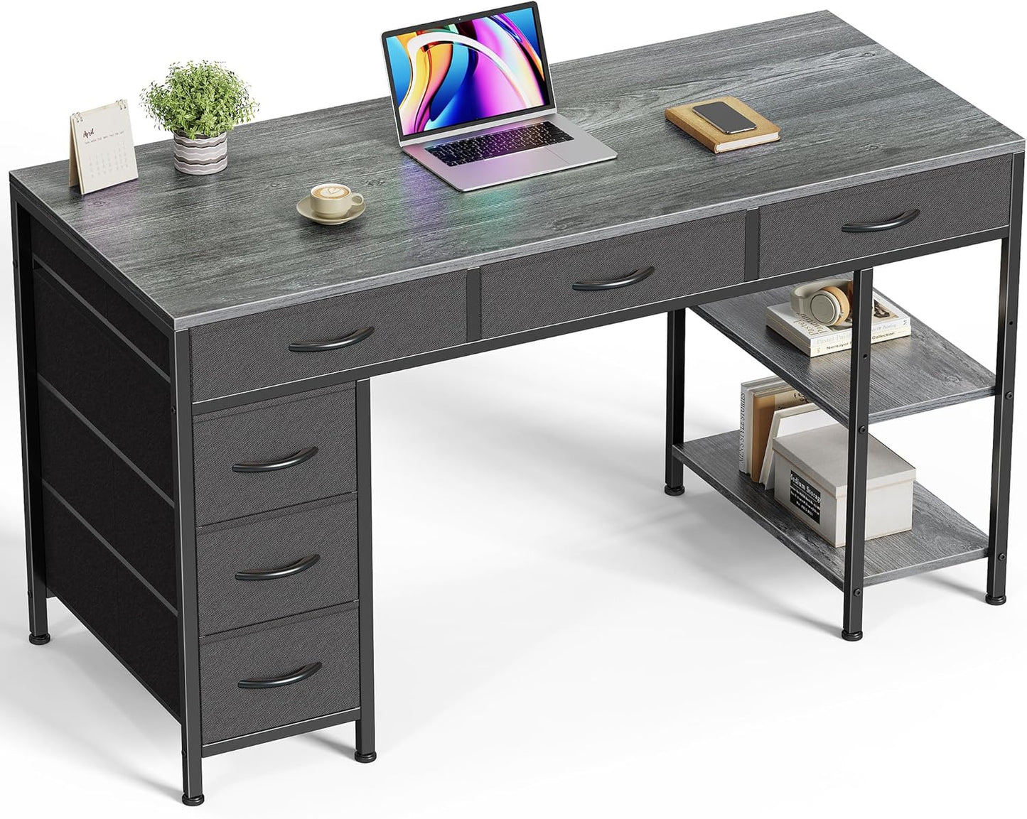 Computer Desk with 6 Drawers, 47 Inch Office Desk with Shelves, Reversible Gaming Desk, Corner Desk with Storage, for Home Office Study, Living Room, Gray