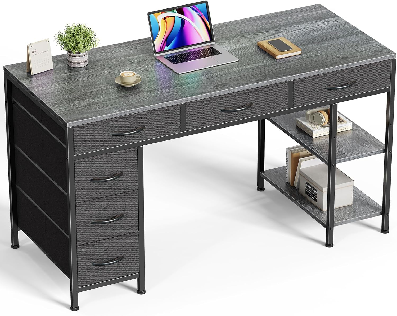 Computer Desk with 6 Drawers, 47 Inch Office Desk with Shelves, Reversible Gaming Desk, Corner Desk with Storage, for Home Office Study, Living Room, Gray