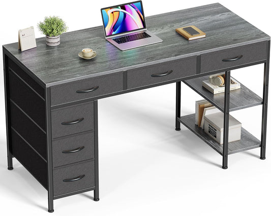 Computer Desk with 6 Drawers, 47 Inch Office Desk with Shelves, Reversible Gaming Desk, Corner Desk with Storage, for Home Office Study, Living Room, Gray