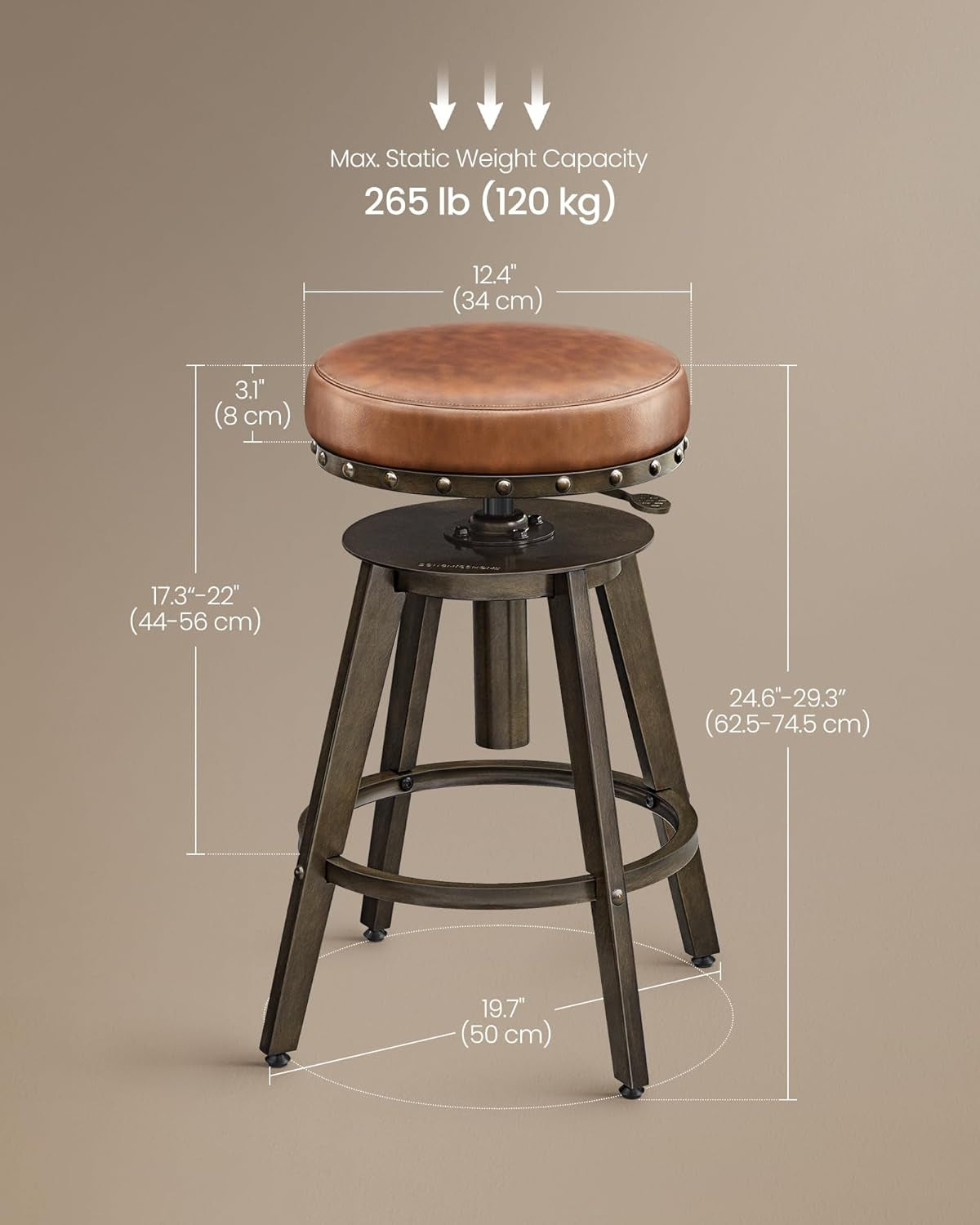 HOME Bar Stools, Set of 2, Steampunk Counter Stool for Kitchen, Adjustable Height and Swivel Padded Seat, Workbench Stool, 16.5 X 19.3 X 24.6-29.3 Inches, Caramel Brown ULJB096K01