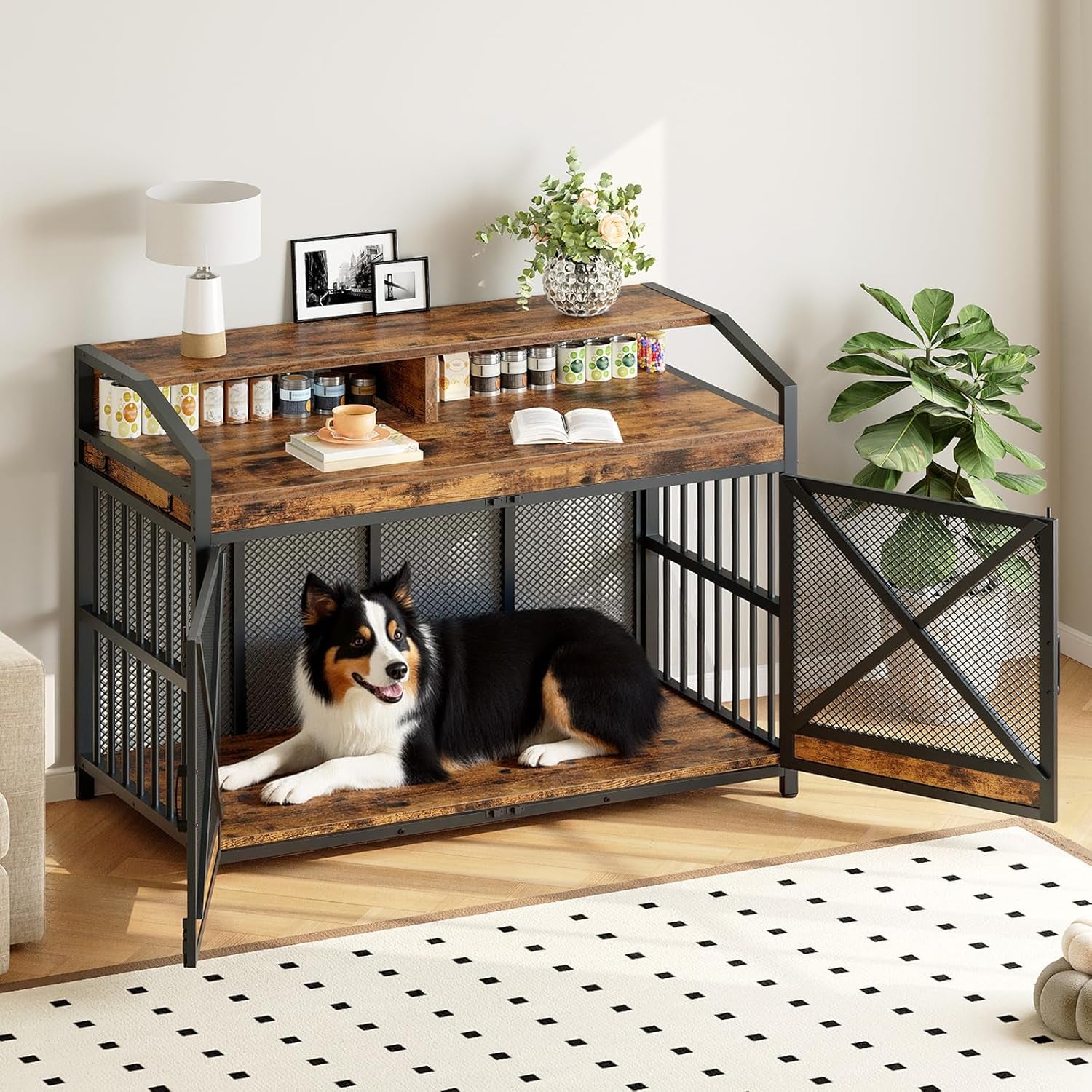 43.3" Dog Crate Furniture, Heavy Duty Dog Kennel Indoor with Storage Shelves, Wooden Dog Cage with LED Lights, for XL Large Dogs Breed, Rustic Brown and Black BF89DGW03