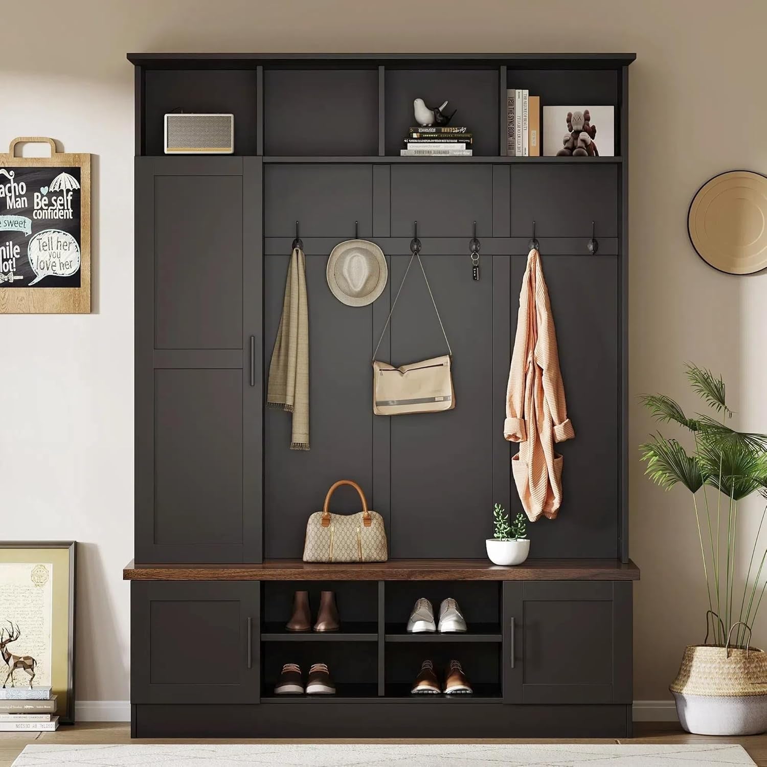 Farmhouse Wood Hall Tree with Shoe Bench and 2 Drawers, 4-In-1 Coat Rack with 6 Hooks for Entrance, Hallway, Mudroom Black