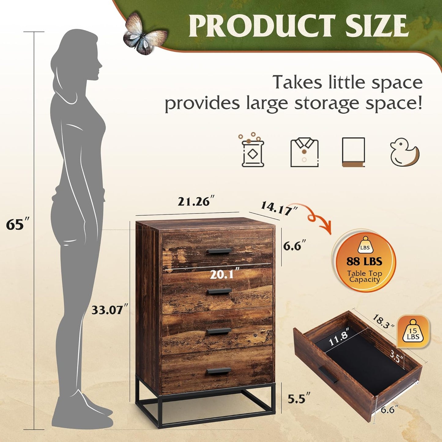 Wood Dresser for Bedroom with 4 Drawers, Tall Dresser with Sturdy Metal Frame, Wooden Chest of Drawers for Hallway, Living Room, Closet, Brown Oak
