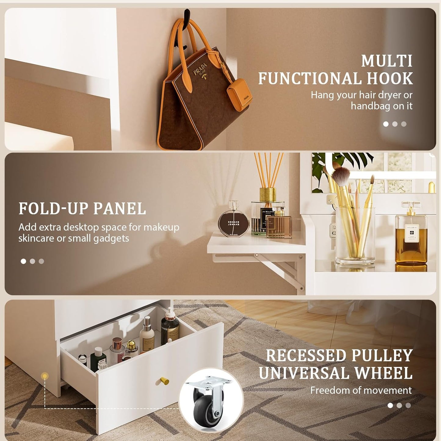 Makeup Vanity Desk with Mirror and Lights, Small 3 in 1 Vanity Table with Visible Glass Top, Flip Top & 3 Drawers, Compact Dresser with Storage Stool for Bedroom, Office or Nightstand