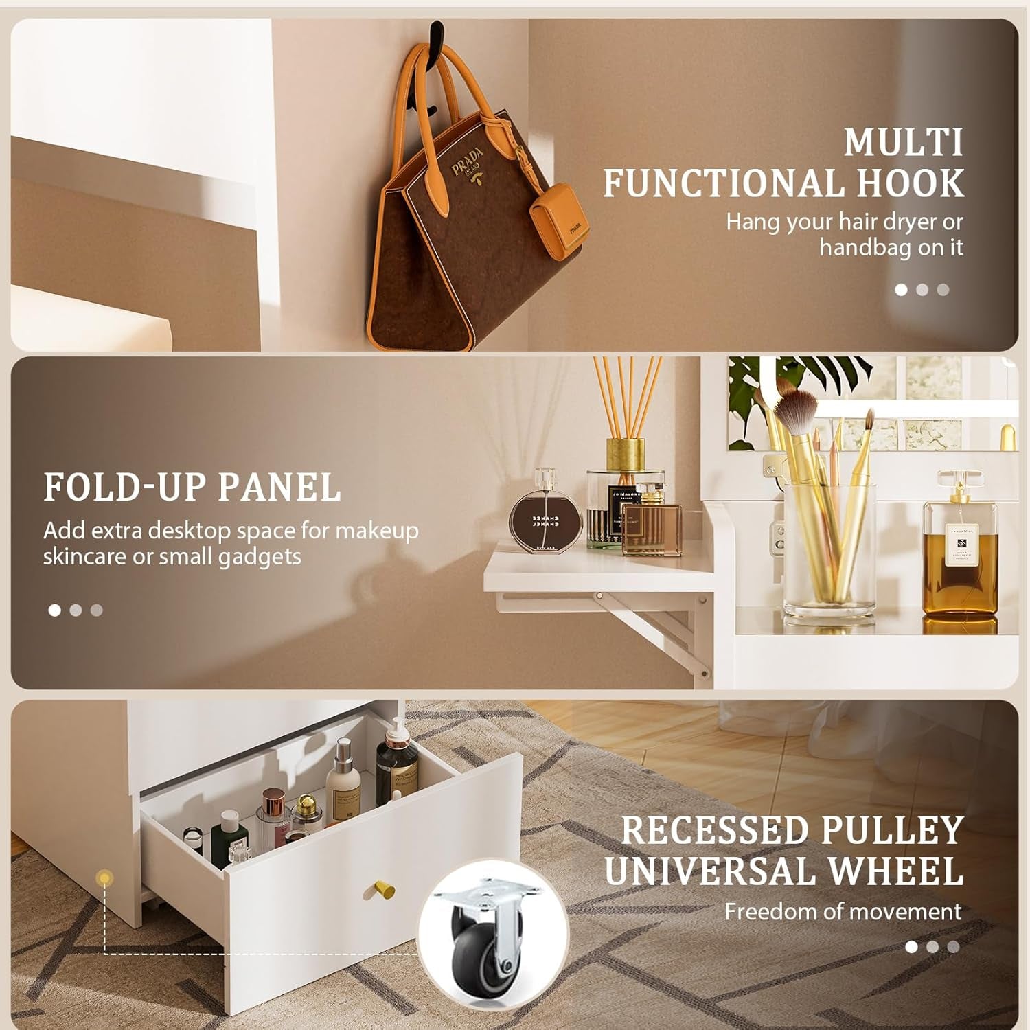 Makeup Vanity Desk with Mirror and Lights, Small 3 in 1 Vanity Table with Visible Glass Top, Flip Top & 3 Drawers, Compact Dresser with Storage Stool for Bedroom, Office or Nightstand