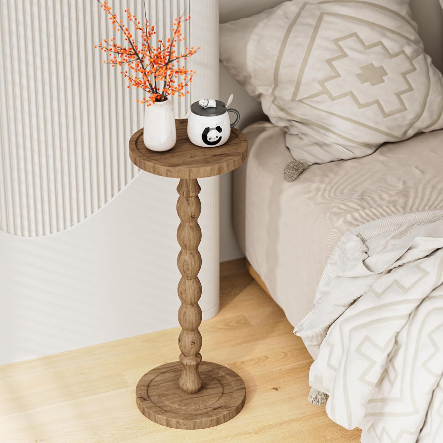 Small Side Table, Rubberwood‌ Drink Table for Small Spaces, Solid Wood Pedestal Coffee Tables, round End Tables for Living Room, Sofa Couch, Bedroom, Corners, and Office (Brown, 9.4 Inch)