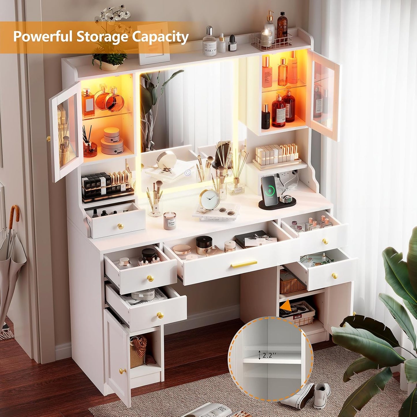 White Makeup Vanity Desk with Mirror and Lights, Large Vanity Table Set with Charging Station, Dressing Table with RGB Cabinets, Makeup Vanity Mirror with Light Desk and Drawers, 3 LED Lights Modes