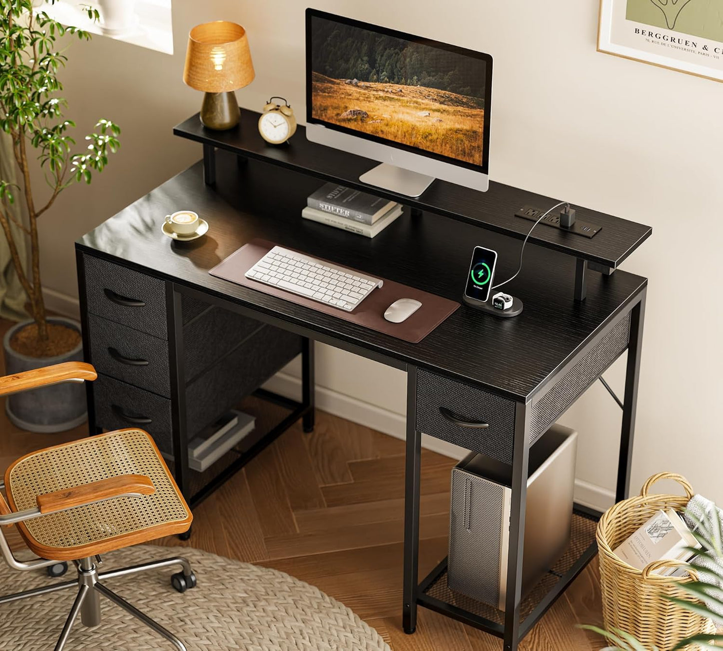 47 Inch Computer Desk with 4 Drawers, Gaming Desk with LED Lights & Power Outlets, Home Office Desk with Large Storage Space for Bedroom, Work from Home, Black