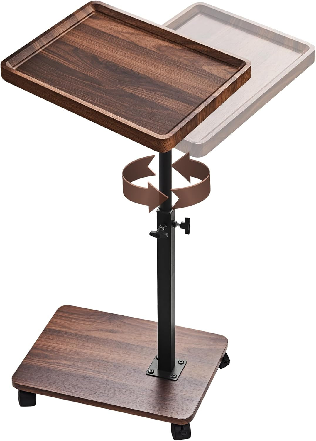 TV Tray Table Sofa Side Table Adjustable Height, 360°Swivel Couch Table for Small Spaces, C Shaped End Tables Living Room and Bedroom for Sofa, Bed, Chair, Snack, Living Room (Walnut Brown)