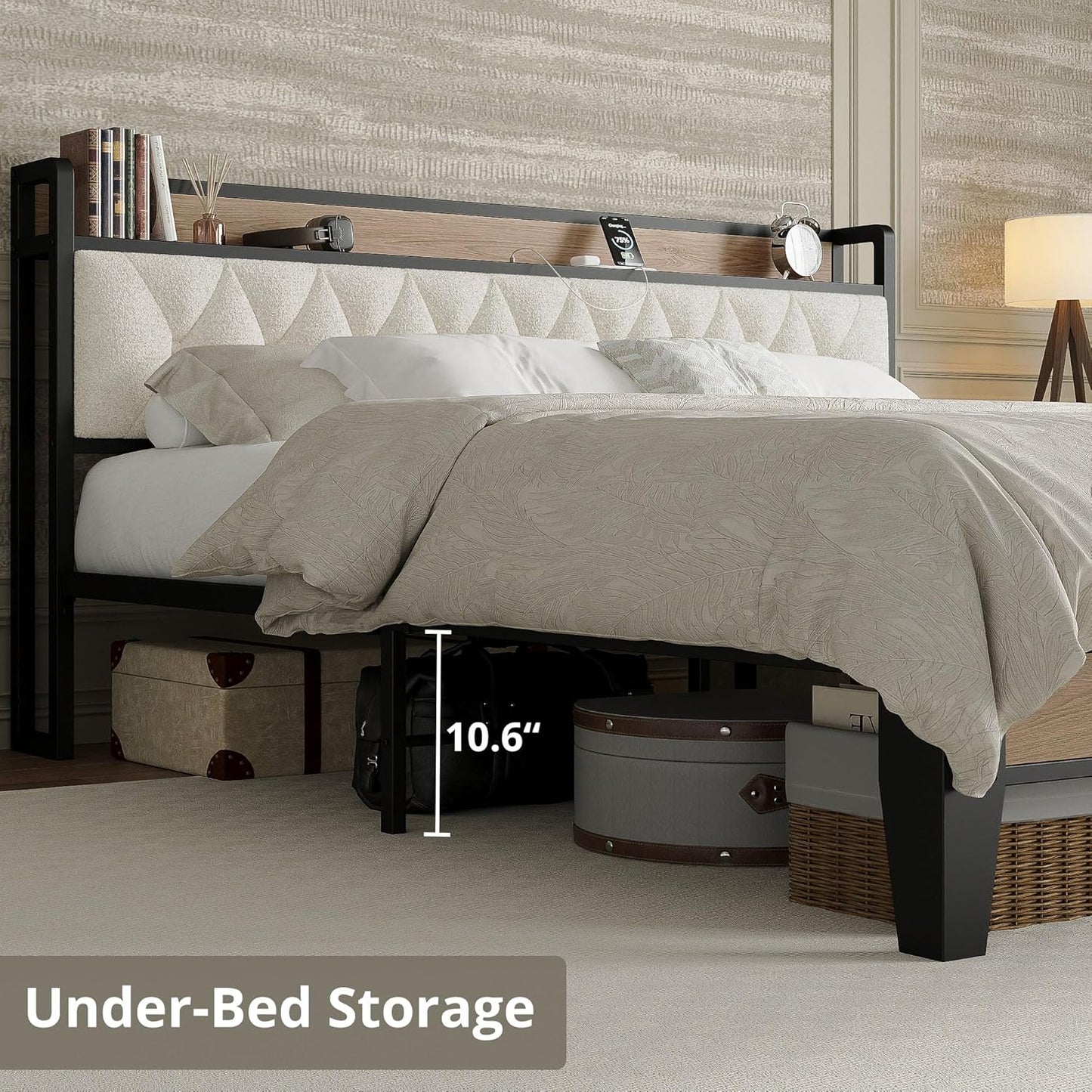 King Bed Frame, Storage Headboard with Charging Station, Platform Bed Frame with Strong Metal Support, Sturdy and Stable, Noise Free, No Box Spring Needed, Easy Assembly