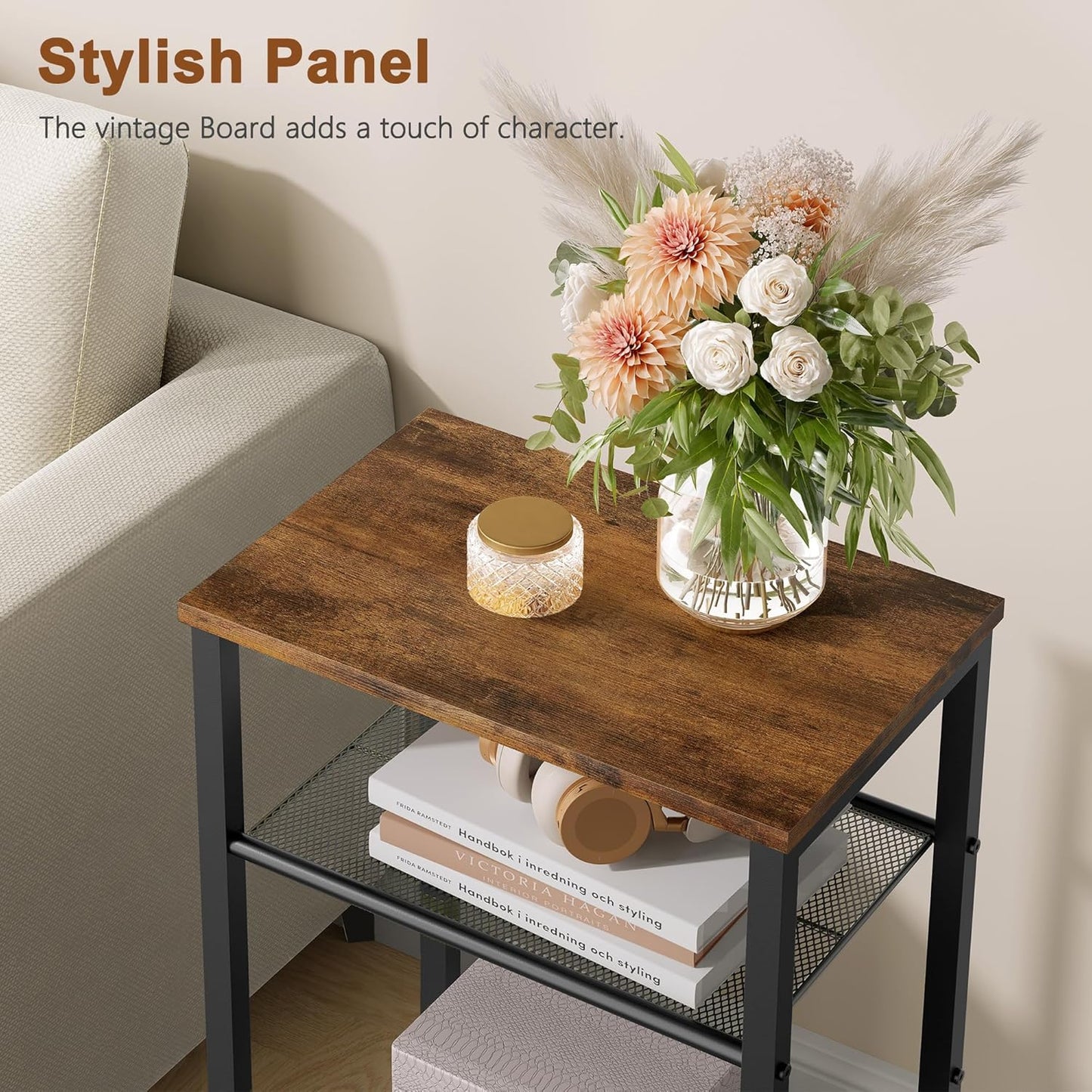 3 Tier End Table, Telephone Table, Narrow Side Table with Storage, Nightstand for Small Spaces, Metal Frame, for Living Room, Bedroom, Sofa Couch, Hall, Easy Assembly, Rustic Brown
