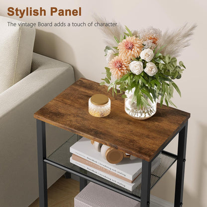 3 Tier End Table, Telephone Table, Narrow Side Table with Storage, Nightstand for Small Spaces, Metal Frame, for Living Room, Bedroom, Sofa Couch, Hall, Easy Assembly, Rustic Brown