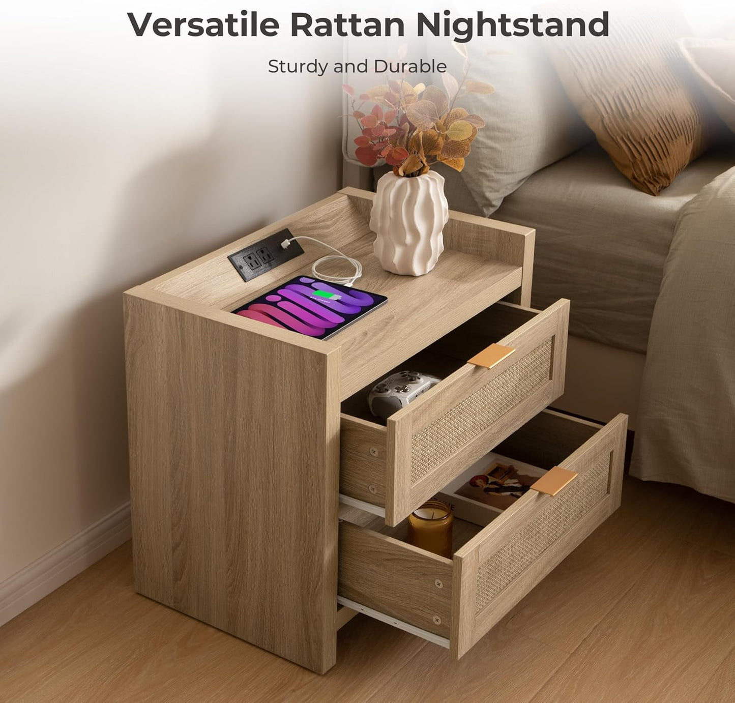 Rattan Nightstands Set of 2 Bedside Table - Bedroom Night Stand with Type-C Charging Station, 2 Drawers Storage - Boho Night Stands End Table for Bedroom Office - Light Oak