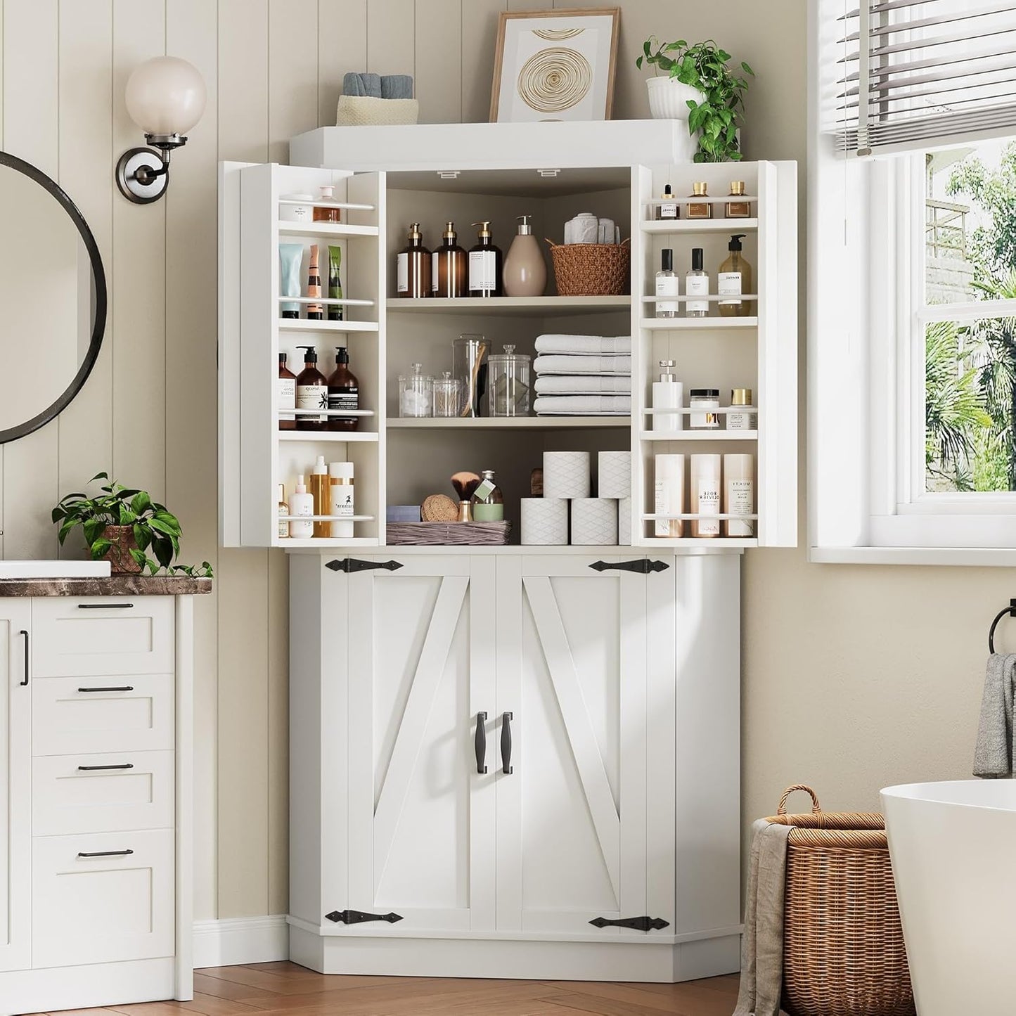 Corner Cabinet,71'' Kitchen Pantry Storage Cabinet with 4 Doors and Shelves, Tall Food Pantry Storage Cabinet Farmhouse Furniture for Kitchen Dining Room, White