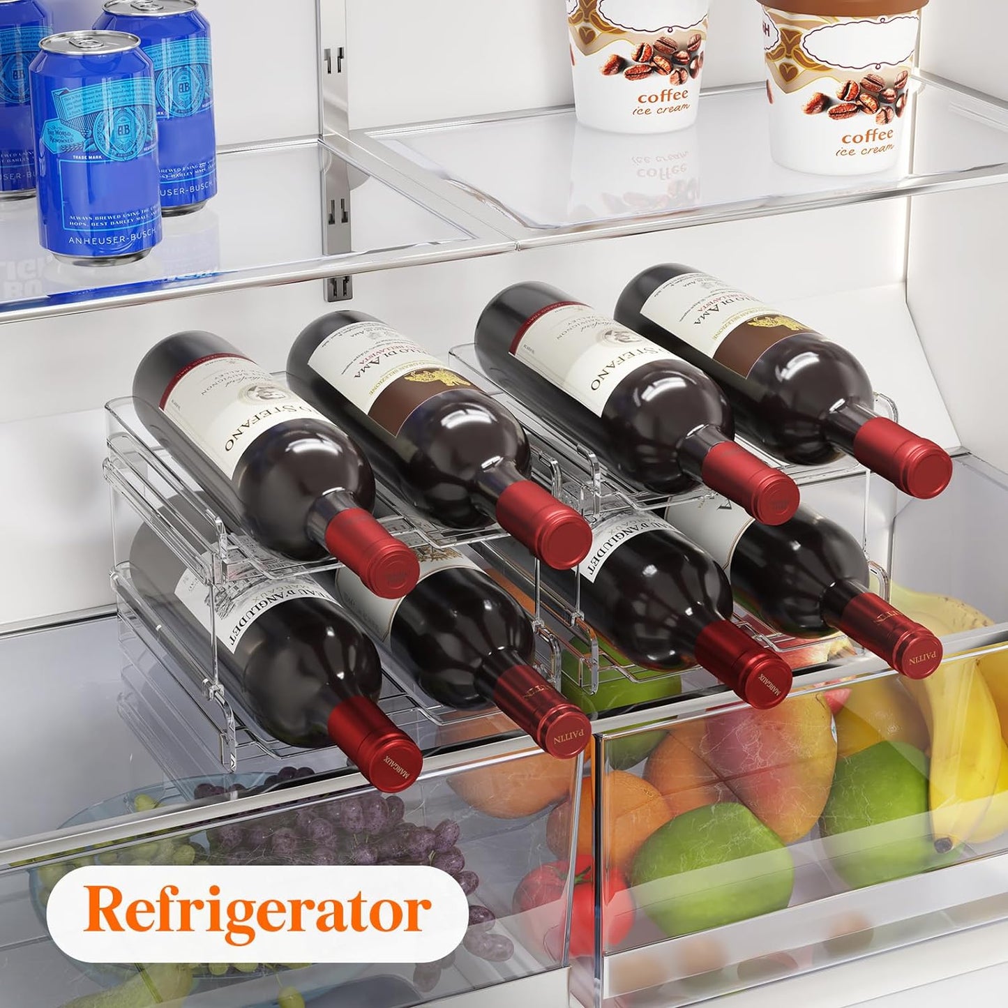 Plastic Stackable Wine Rack for Refrigerator, Cabinet, Countertop,Wine Bottle Holder, Water Bottle Organizer for Fridge, Pantry, Hold 4 Bottles