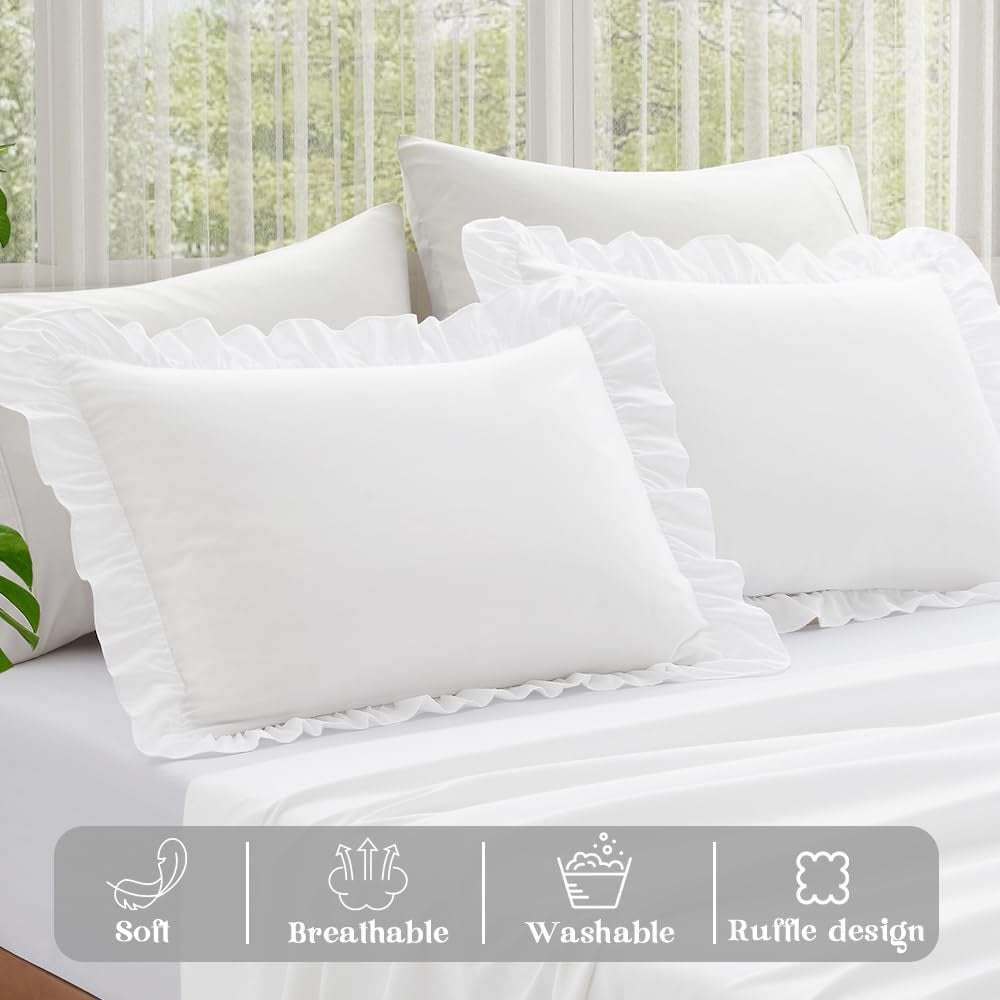 Ruffle Pillow Cases King Size Set of 2, Ruffled Pillow Covers with Envelope Closure, Wrinkle Resistant Pillowcases 20" X 36", Ruffled Pillow Shams, White