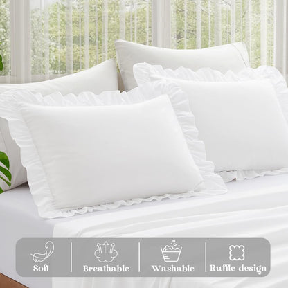 Ruffle Pillow Cases King Size Set of 2, Ruffled Pillow Covers with Envelope Closure, Wrinkle Resistant Pillowcases 20" X 36", Ruffled Pillow Shams, White