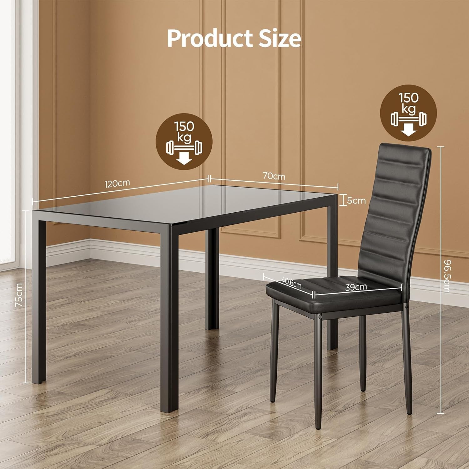 Kitchen Dining Table Set for 4, Tempered Glass 5 Piece Table and Chairs Set Modern for Home, Kitchen, Living Room, Dining Room (Black)