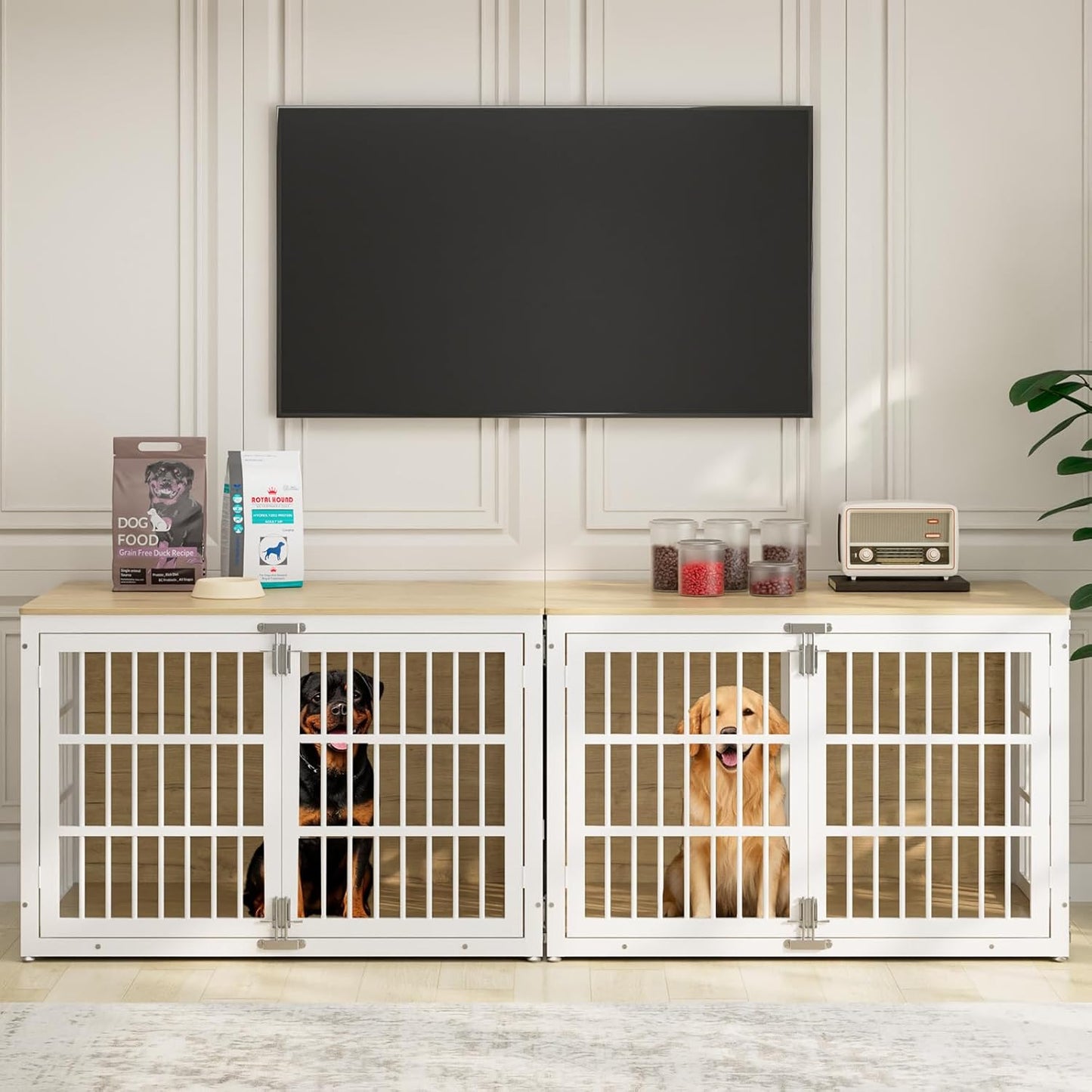 48" Heavy Duty Dog Crate Furniture, Wooden Dog Cage Kennel for Lrage and Extra Large Dogs, Dog Kennel Indoor with Side Door, Decorative Pet House End Table, White and Natural
