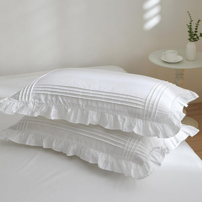 Ruffled Pillow Shams King Size Set of 2, 100% Cotton White Ruffle Pillow Cases with Pintucks, Farmhouse French Shabby Chic Pillowcases for Bedding, 20X36 Inch