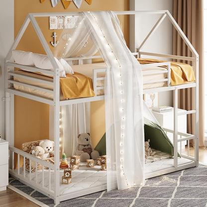 Bunk Bed Twin over Twin, House Bunk Bed Frame with Ladder and Guardrail, House Shaped with Metal Slats for Dormitory and Bedroom, Space Saving, No Box Spring Needed, White