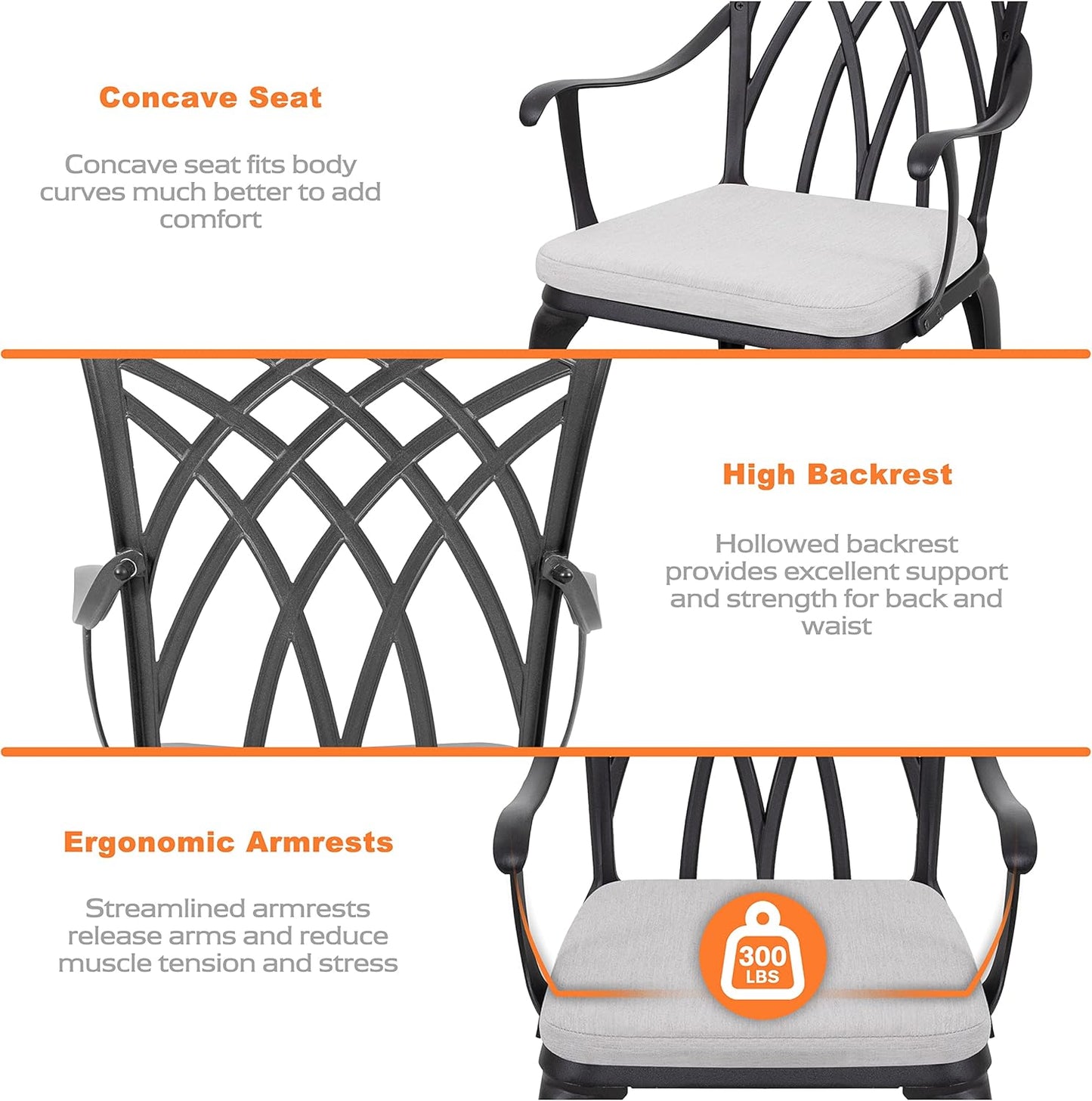 Bistro Set 3 Piece Outdoor Cast Aluminum Patio Bistro Set Patio Table and Chairs Set of 2 with Umbrella Hole and Gray Cushions, Black