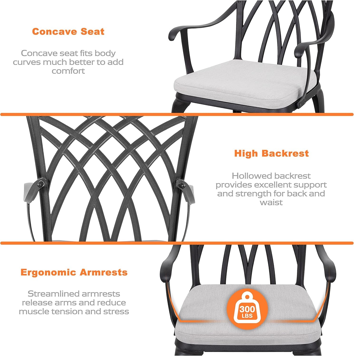 Bistro Set 3 Piece Outdoor Cast Aluminum Patio Bistro Set Patio Table and Chairs Set of 2 with Umbrella Hole and Gray Cushions, Black