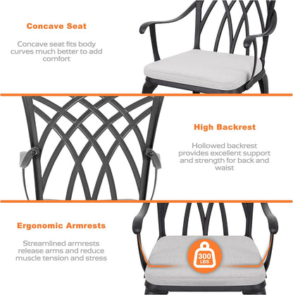 Bistro Set 3 Piece Outdoor Cast Aluminum Patio Bistro Set Patio Table and Chairs Set of 2 with Umbrella Hole and Gray Cushions, Black