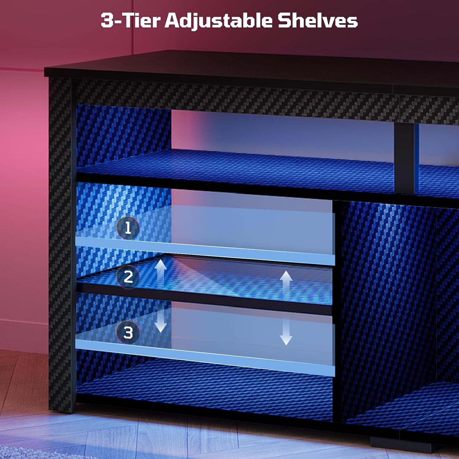 LED Tall TV Stand, Entertainment Center for 55/60/65 Inch TV, Gaming TV Console with Storage for PS4, Adjustable Shelf TV Cabinet for Living Room Bedroom, Carbon Fiber Black